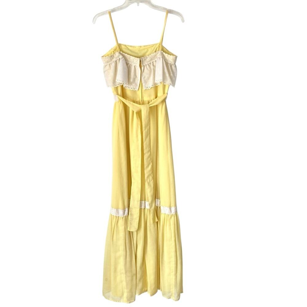 Vintage Handmade Boho Yellow White Lace Trim Ruffle Maxi Dress size small - Picture 6 of 10